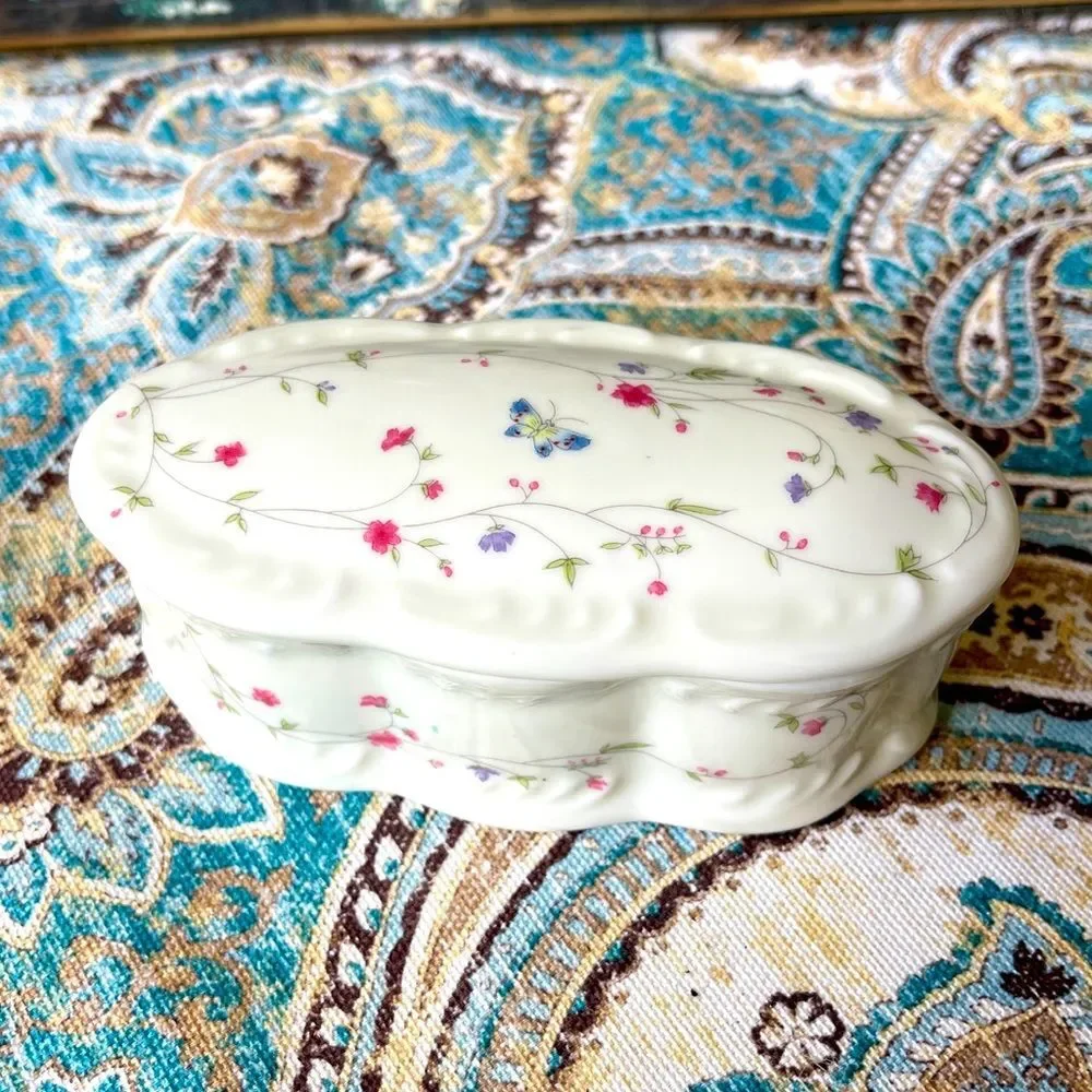 Porcelain Oblong Trinket Box Vintage Floral Butterfly Jewelry Box